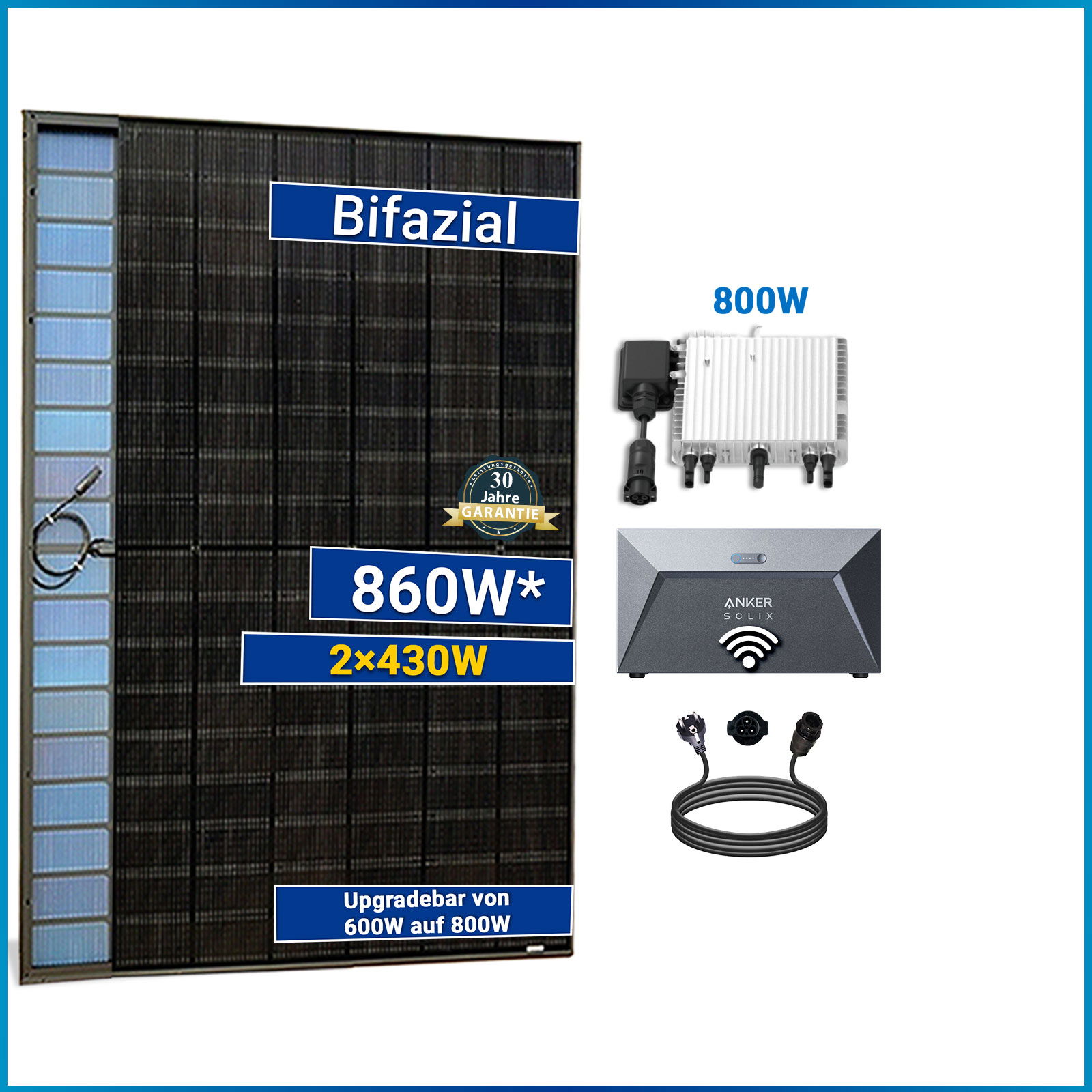 860W Balkonkraftwerk Komplettset inkl. 430W Bifaciale Solarmodule und Neu Generation Upgradefähiger DEYE 800W WIFI Wechselrichter mit Relais