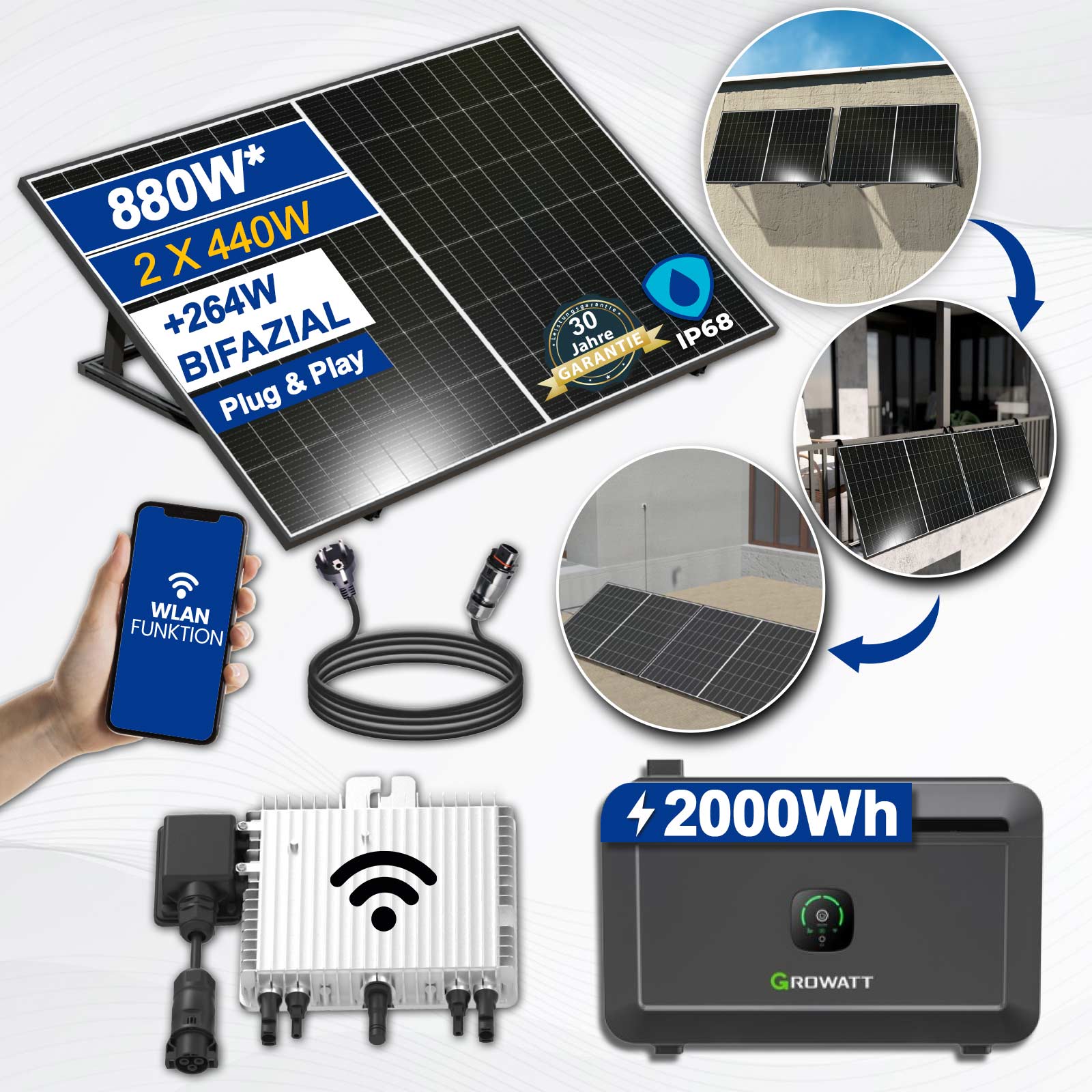 1000 Watt Balkonkraftwerk Photovoltaik Solaranlage Steckerfertig WIFI Smart